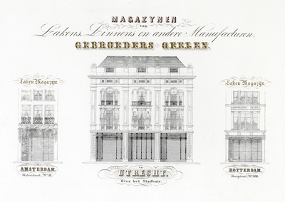 38125 Afbeelding van de voorgevel van de winkels (lakenmagazijn) van de Gebroeders Geelen in Amsterdam (links), ...